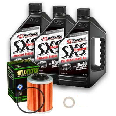Three black 1-quart bottles of 10w-40 synthetic blend engine oil, one orange cylindrical oil filter, and two small circular.