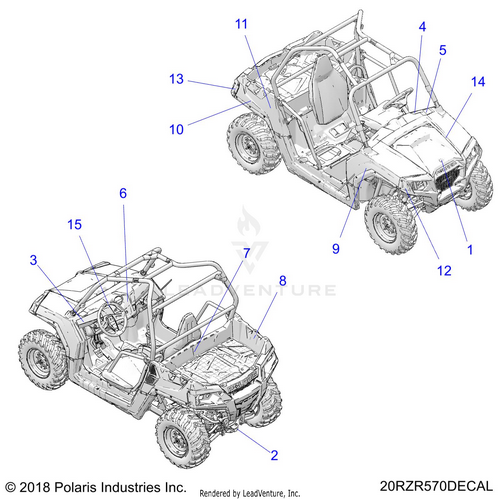 An Image of a Genuine Polaris Parts Schematic Diagram showing the schematic - BODY: DECALS - 2020 POLARIS RZR 570
