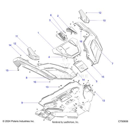 An Image of a Genuine Polaris Parts Schematic Diagram showing the schematic - BODY: FRONT FENDERS & HOOD - 2025 POLARIS RZR PRO R SPORT