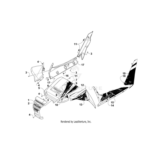 Exploded diagram of labeled snowmobile body parts, including OEM Arctic Cat panels and hoods. Some parts feature the ARCTIC CAT logo or graphic designs, such as the Front Fender Decal - Right (Vr) by Arctic Cat.