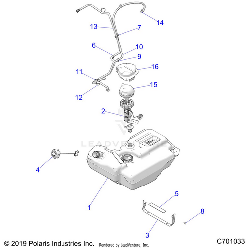 An Image of a Genuine Polaris Parts Schematic Diagram showing the schematic - BODY: FUEL TANK - 2020 POLARIS RZR 900 EPS RIDE COMMAND