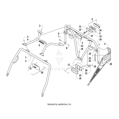 Exploded line drawing of an Arctic Cat Wildcat Prowler Alterra roll cage assembly with numbered OEM parts, including bars, brackets, pads, and a clearly labeled Canopy Hoop - Rear-Painted Black by Arctic Cat for easy identification.