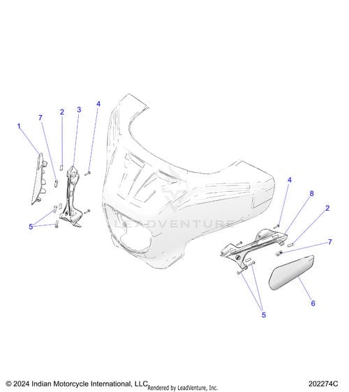 Line drawing of the Bracket Deflector Fairing RH by Polaris, showing numbered OEM parts like the main fairing, brackets, and side covers in an exploded view for easy identification and assembly reference.