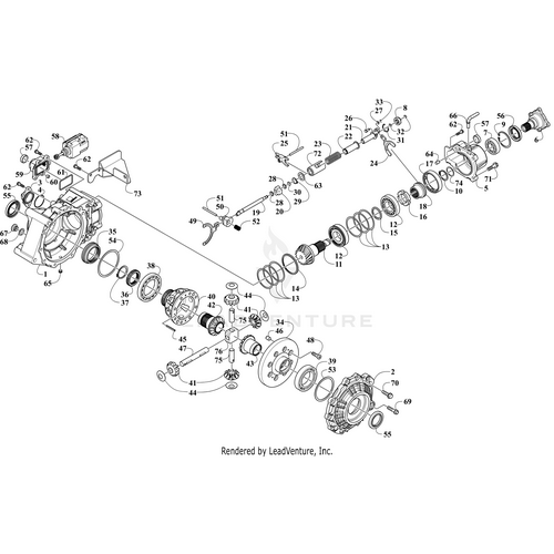 Exploded diagram of the Complete Front Drive Gearcase Assembly by Arctic Cat, with labeled gears, shafts, and fasteners arranged sequentially—ideal for identifying OEM Arctic Cat UTV/ATV parts.