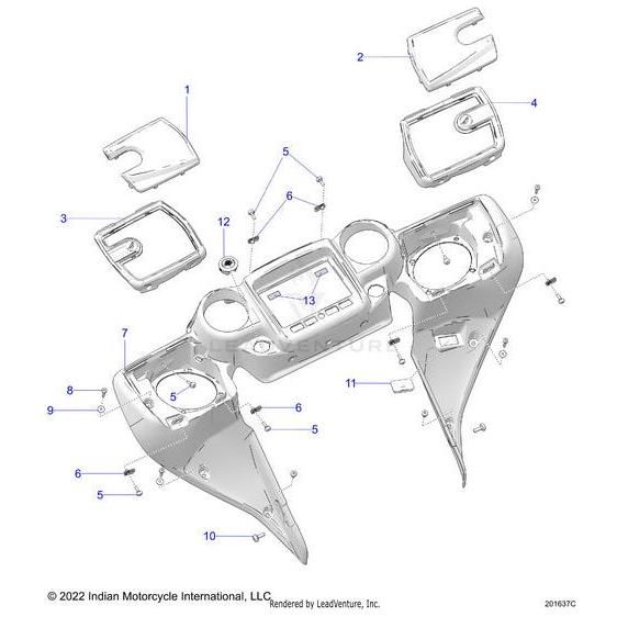 Exploded view of a motorcycle dashboard and panels, highlighting the Dash Inner Sstredmt [Sunset Red Metallic] by Polaris with labeled numbers and connecting screws for OEM assembly or repair.