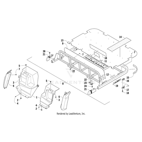 Exploded technical diagram of a vehicle’s rear assembly featuring OEM Arctic Cat “End Cap Flatbed - Right,” with labeled components like seats, rear bumper, underbody protection, tail lights, and mounting hardware for clarity.