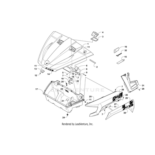 Exploded diagram displaying numbered vehicle front fender parts—hood, inner structure, fasteners, side panels, and labeled OEM Arctic Cat parts like the Inner Front Decal- Side - Right by Arctic Cat—for easy identification.