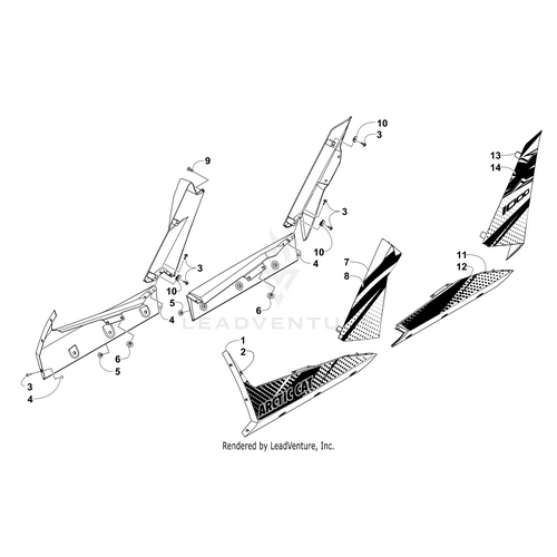 Technical diagram of snowmobile side panels and components, each part numbered, featuring OEM Arctic Cat items like brackets, vents, and the Rear Pillar Decal-Left-(Vb) by Arctic Cat—illustration style from Witchdoctors.com.