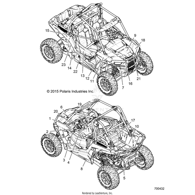 An Image of a Genuine Polaris Parts Schematic Diagram showing the schematic - BODY: DECALS - 2016 POLARIS RZR XP TURBO