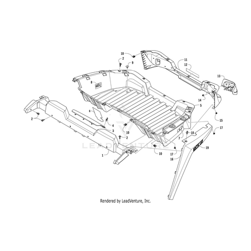 Exploded diagram of an Arctic Cat UTV frame with numbered parts, featuring the OEM Rear Fender-Left Red by Arctic Cat and highlighting its structural position for clarity.