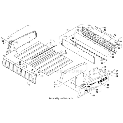Exploded diagram of an Arctic Cat UTV rear cargo area, featuring labeled OEM parts like the Tailgate Decal - Right by Arctic Cat, side panels, flooring, tailgate, bumper, and fasteners. Numbered arrows indicate assembly positions.
