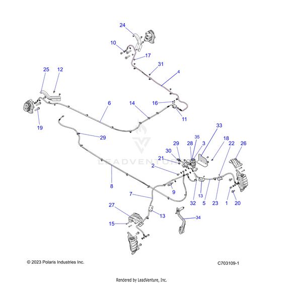 An Image of a Genuine Polaris Parts Schematic Diagram showing the schematic - BRAKES: BRAKE LINES AND MASTER CYLINDER - 2025 POLARIS RZR XP 4 1000 PREMIUM