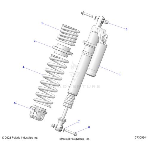 An Image of a Genuine Polaris Parts Schematic Diagram showing the schematic - SUSPENSION: FRONT SHOCK MOUNTING STANDARD/PREMIUM - 2023 POLARIS RZR PRO XP SPORT