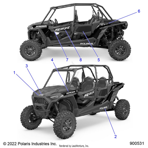An Image of a Genuine Polaris Parts Schematic Diagram showing the schematic - BODY: DECALS GRAPHICS - 2023 POLARIS RZR XP 4 1000 SPORT