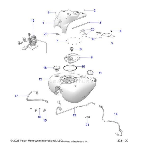 Exploded diagram of the Tank Fuel Imcr/Ivyc/Gx in Indian Red/Ivory Cream w/ Gfx by Polaris, showing numbered parts—tank, hoses, fuel cap, sensors, and connectors—for assembly or repair with Polaris OEM parts from Witchdoctors.com.
