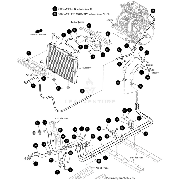A labeled diagram of a vehicle’s cooling system features numbered parts and arrows for coolant flow, highlighting the Coolant Line-Assembly (Inc. 29–38) by Arctic Cat along with the radiator, coolant tank, engine, hoses, clamps, and connections.