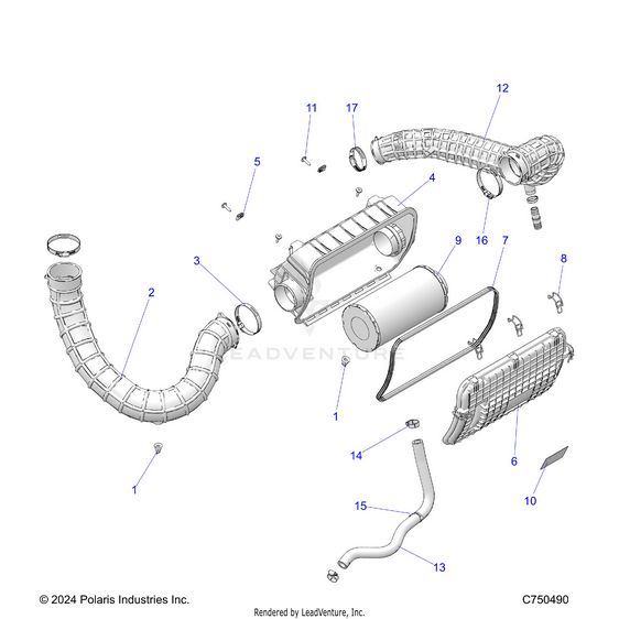 An Image of a Genuine Polaris Parts Schematic Diagram showing the schematic - ENGINE: AIR INTAKE SYSTEM - 2025 POLARIS RZR XP 1000 PREMIUM