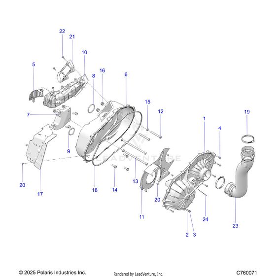 An Image of a Genuine Polaris Parts Schematic Diagram showing the schematic - DRIVE TRAIN: CLUTCH COVER AND DUCTING - 2026 POLARIS RZR XP S 1000 ULTIMATE