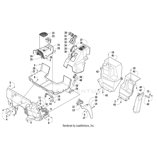 Exploded view of the Center Console by Arctic Cat, with numbered labels identifying every OEM part—covers, handles, fasteners, and internal components—all spaced apart to show fit.