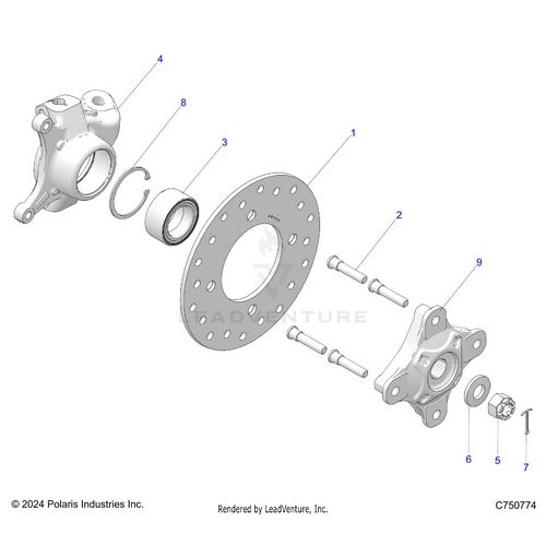 An Image of a Genuine Polaris Parts Schematic Diagram showing the schematic - SUSPENSION: FRONT CARRIER AND HUB - 2025 POLARIS RZR PRO XP 4 SPORT