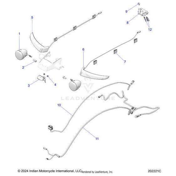 Exploded diagram of motorcycle parts, detailing fender, wiring, lights, and labeled components. Shows clear assembly order for Harness Rlighting Hwlc G1 V1 by Polaris and includes Indian Motorcycle and Polaris OEM Parts numbers for identification.
