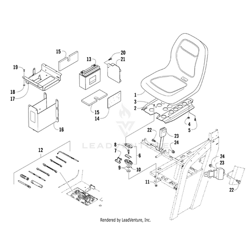 Exploded diagram of a vehicle seat assembly with numbered parts—helpful for finding OEM Arctic Cat parts or accessories such as the Battery Pad by Arctic Cat for accurate installation and fit.