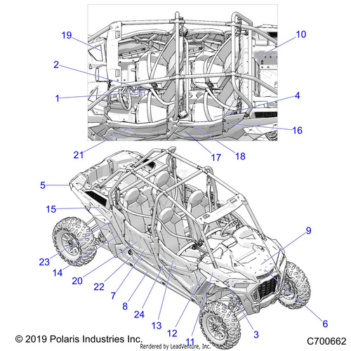 An Image of a Genuine Polaris Parts Schematic Diagram showing the schematic - BODY: DECALS - 2020 POLARIS RZR XP 4 TURBO