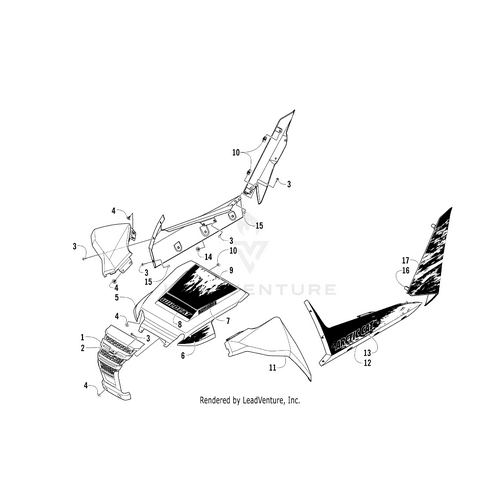 Exploded view of motorcycle fairing parts, including side panels and a windscreen, with numbered components—some display graphics and VORTEX, resembling the Hood Decal Forward Org Met by Arctic Cat.