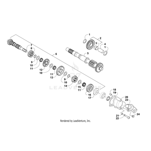 Exploded view diagram of a transmission assembly, showing detailed gears, shafts, bearings, the Speedometer Sensor Housing (Short) by Arctic Cat, and other OEM components—each part clearly labeled for easy identification.