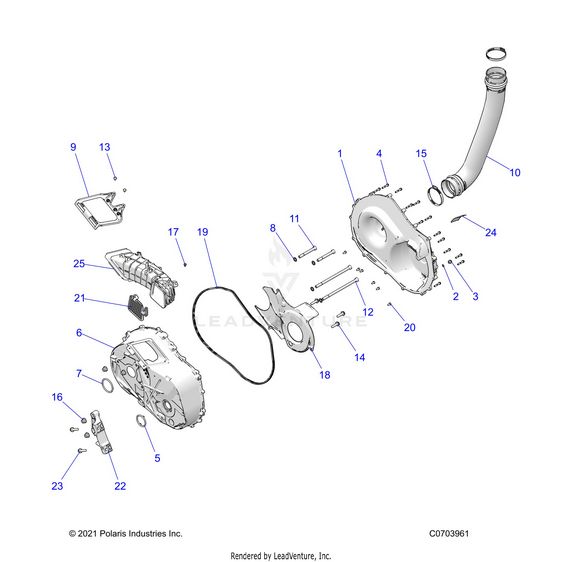 An Image of a Genuine Polaris Parts Schematic Diagram showing the schematic - DRIVE TRAIN: CLUTCH COVER AND DUCTING - 2025 POLARIS RZR XP 4 1000 PREMIUM