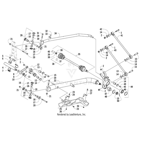 Exploded vehicle suspension diagram with labeled parts—including axles, control arms, sway bars, and the Knuckle Rear-Left-Assembly (Inc. 13-14 And 45-48) by Arctic Cat—highlighting OEM parts for precise assembly locations.