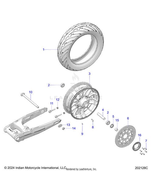 Exploded diagram of a motorcycle rear wheel assembly with a Tire Rear 180/60R16 Crstec I Spc [China] by Polaris and OEM parts—tire, wheel, brake disc, axle, spacers, screws, washers, and swingarm all clearly numbered for easy ID.