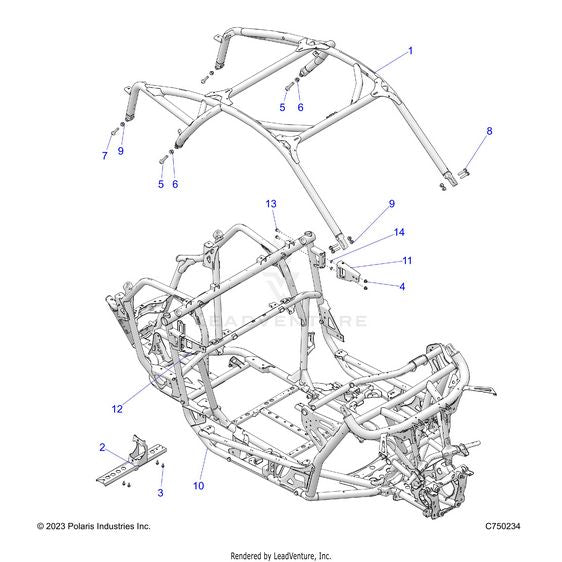 An Image of a Genuine Polaris Parts Schematic Diagram showing the schematic - CHASSIS: CAB FRAME - 2023 POLARIS RZR PRO R RIDE COMMAND