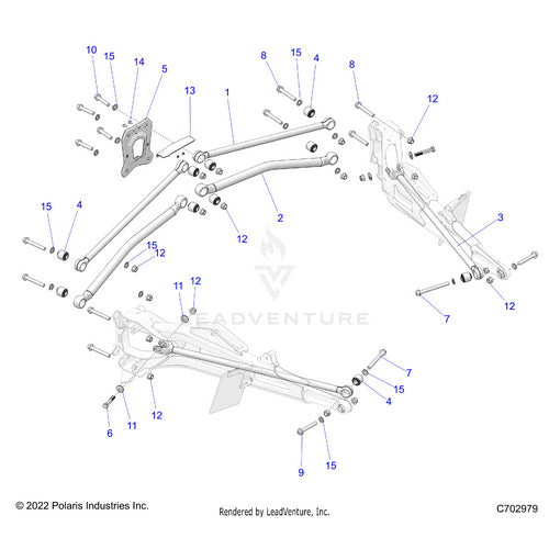 An Image of a Genuine Polaris Parts Schematic Diagram showing the schematic - SUSPENSION: REAR TRAILING ARMS MOUNTING - 2022 POLARIS RZR TURBO R 4 SPORT
