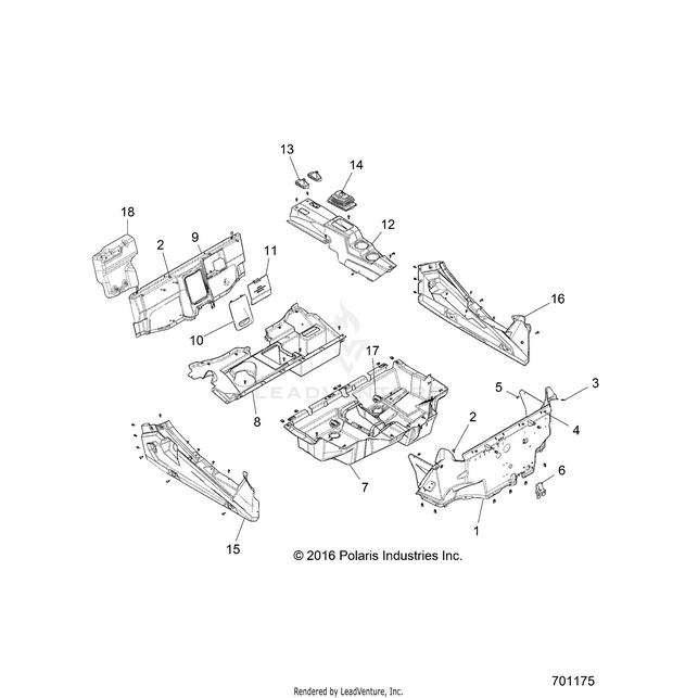 An Image of a Genuine Polaris Parts Schematic Diagram showing the schematic - BODY: FLOOR and ROCKER PANELS - 2017 POLARIS RZR XP 1000