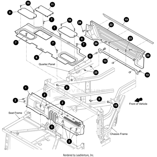 Exploded diagram of a vehicle’s seat and quarter panel assembly, featuring the Cover Storage Pocket by Arctic Cat. Numbered frames, panels, fasteners, and chassis parts with attachment points shown—available at Witchdoctors.com.