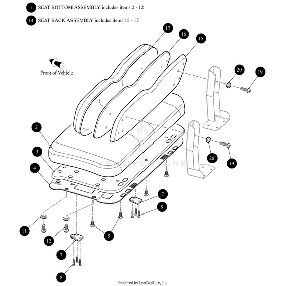 Exploded diagram of a seat assembly with labeled parts—seat cushions, side supports, and OEM Arctic Cat Button Head Bolt Torx+ M10-1.5X25 W/Loc—plus washers and nuts, arrows showing seating assembly steps.