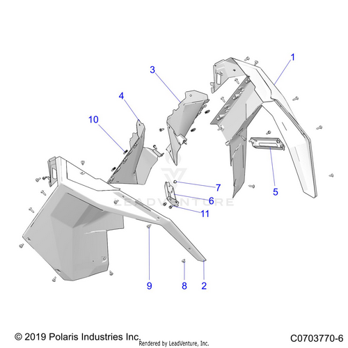 An Image of a Genuine Polaris Parts Schematic Diagram showing the schematic - BODY: FRONT FENDER - 2022 POLARIS RZR PRO XP SPORT EVAP