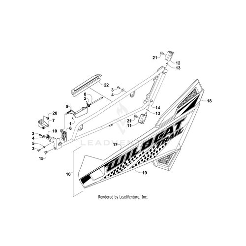 Exploded diagram of an Arctic Cat Wildcat frame features labeled parts, including the Door Decal Upper-Left (Tag) by Arctic Cat, bolts, brackets, OEM components, and numbered structural sections. Large side panel shows Wildcat decal placement.
