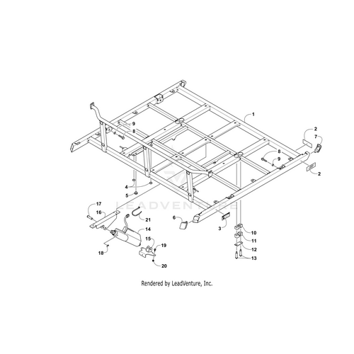 Black-and-white technical diagram of a vehicle frame and hitch with numbered parts like crossbars, bolts, and the Lower Bracket - Actuator by Arctic Cat; compatible with Arctic Cat OEM parts including model 7506-565.
