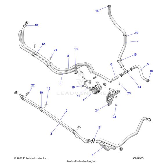 An Image of a Genuine Polaris Parts Schematic Diagram showing the schematic - ENGINE: COOLING ROUTING MANIFOLD - 2024 POLARIS RZR TURBO R 4 ULTIMATE