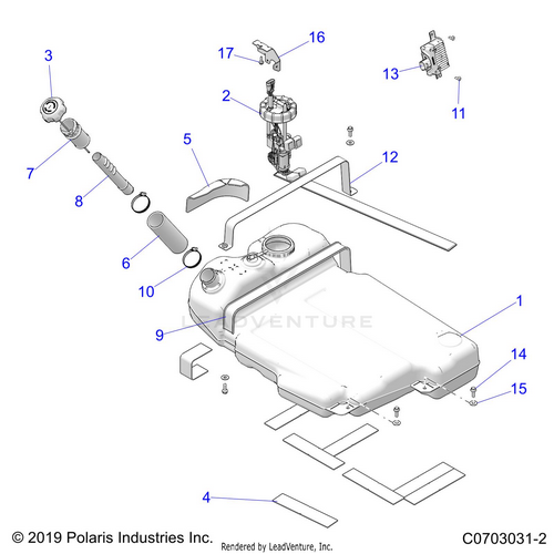 An Image of a Genuine Polaris Parts Schematic Diagram showing the schematic - BODY: FUEL TANK - 2020 POLARIS RZR PRO XP
