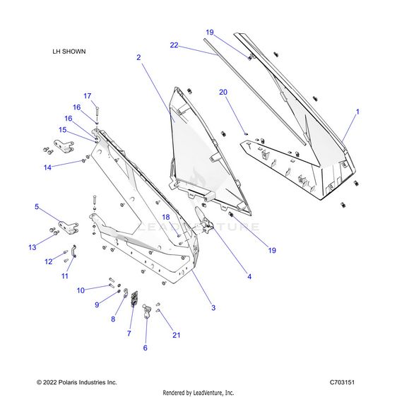 An Image of a Genuine Polaris Parts Schematic Diagram showing the schematic - BODY: DOORS - 2023 POLARIS RZR PRO R RIDE COMMAND