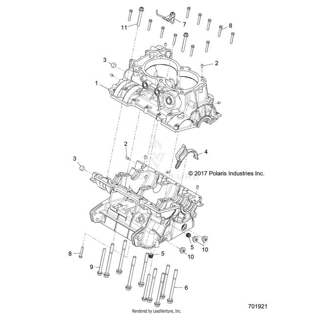An Image of a Genuine Polaris Parts Schematic Diagram showing the schematic - ENGINE: CRANKCASE - 2019 POLARIS RZR XP 4 TURBO S VELOCITY