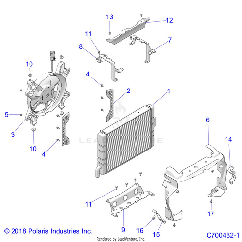 An Image of a Genuine Polaris Parts Schematic Diagram showing the schematic - ENGINE: COOLING RAD. MOUNTING - 2019 POLARIS RZR XP TURBO S VELOCITY