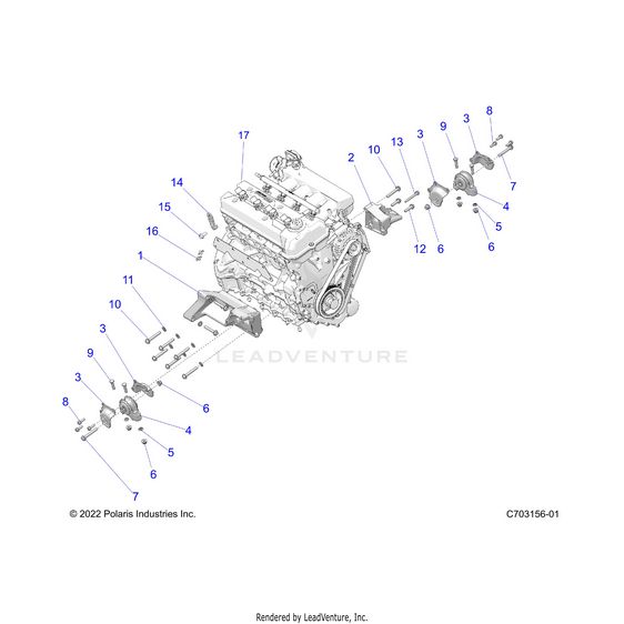 An Image of a Genuine Polaris Parts Schematic Diagram showing the schematic - ENGINE: MOUNTING & LONG BLOCK - 2024 POLARIS RZR PRO R ULTIMATE