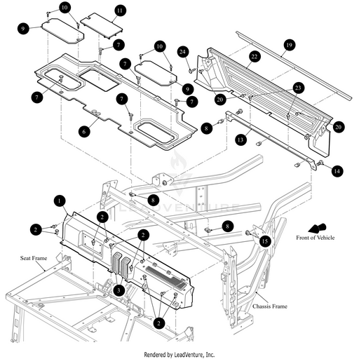 Exploded diagram of a vehicle seat and chassis assembly with labeled parts like frames, cushions, backrest, fasteners, and panels. Features Ext Cab Support by Arctic Cat with part numbers for easy install—available at Witchdoctors.com.