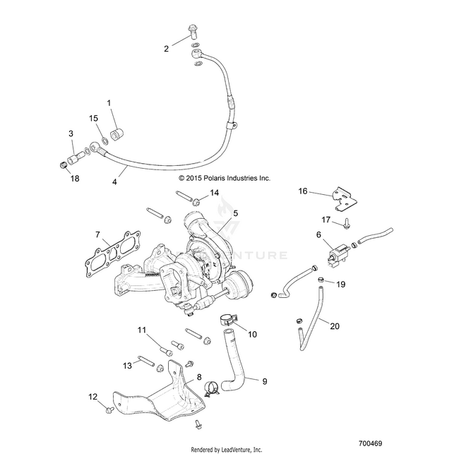 An Image of a Genuine Polaris Parts Schematic Diagram showing the schematic - ENGINE: TURBO CHARGER MOUNTING - 2018 POLARIS RZR XP TURBO