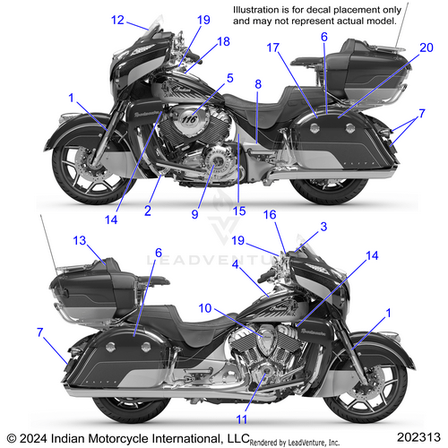 Side view of a touring motorcycle with numbered arrows for decal placement on fairing, tank, fenders, trunk, and saddlebags; features OEM parts like the Badge Horn Cover Al Black/Cgold by Polaris. Image may not show actual Polaris Factory-direct model.