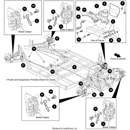 Diagram showing a vehicle’s brake system layout with labeled parts, ideal for identifying OEM Arctic Cat Cable Tie Fir Tree or UTV ATV accessories. Insets provide detailed views for each wheel location.